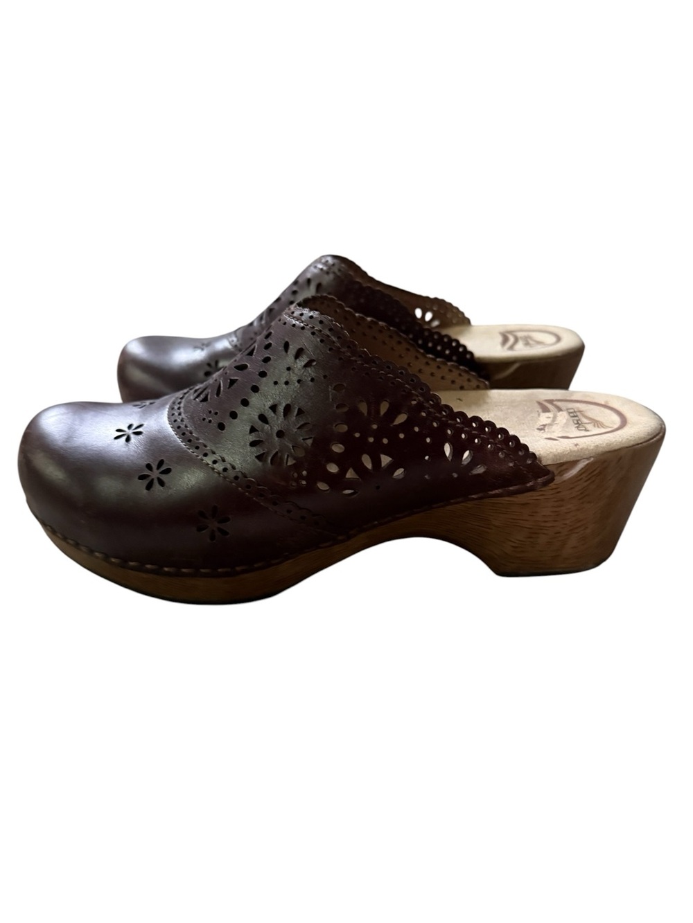 Dansko Women's Dark Brown Leather Perforated Clog Mules Wedge Heel Sz 38 7.5 - 8